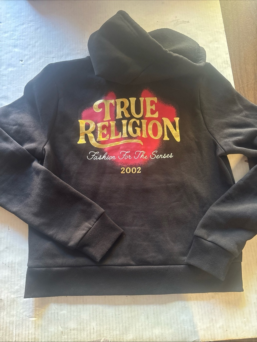 True Religion Womens Black Hoodie Gold & Red Logo Back Graphic